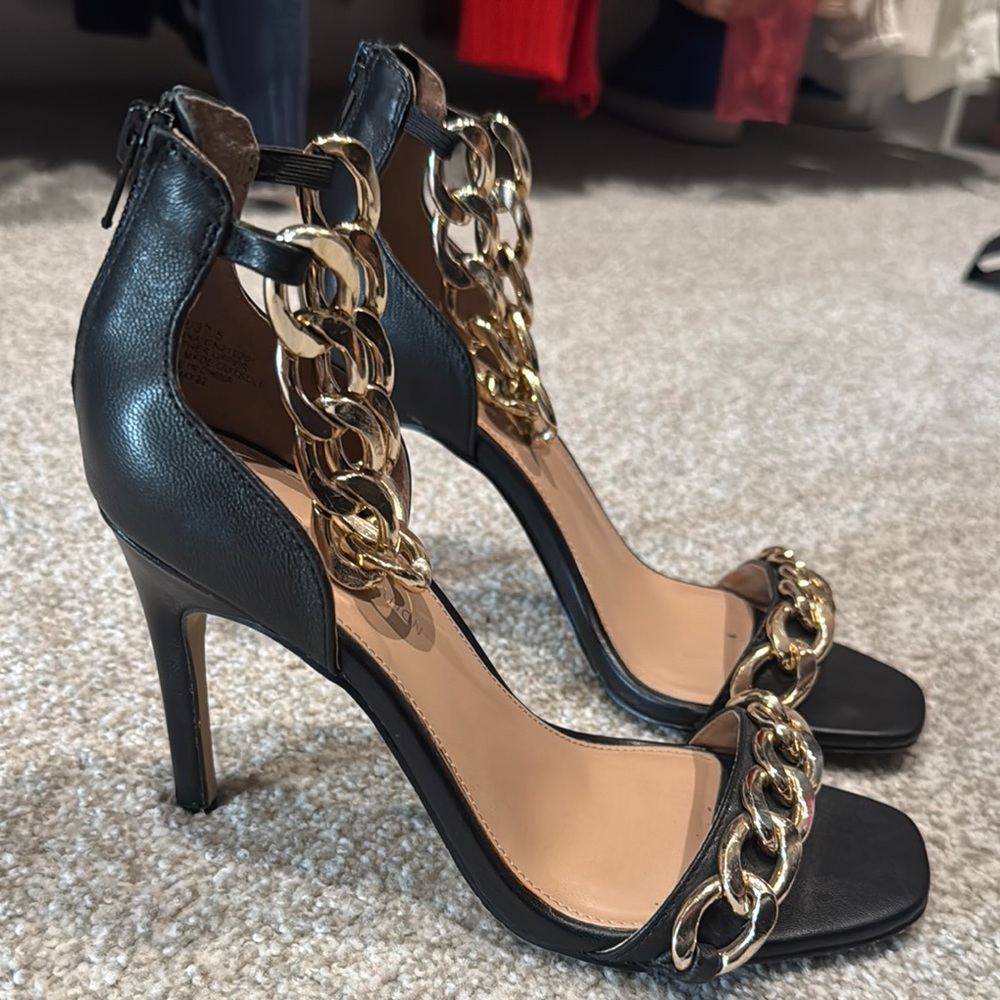 BCBGeneration Black and Gold Chain Heels